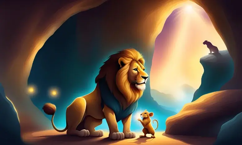 Aslan ve Fare'nin Büyük Macerası Masalı'nda, aslan ve fare büyük bir mağaranın önünde