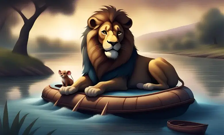 Aslan ve Fare'nin Büyük Macerası Masalı'nda, aslan ve fare büyük bir nehrin kıyısında